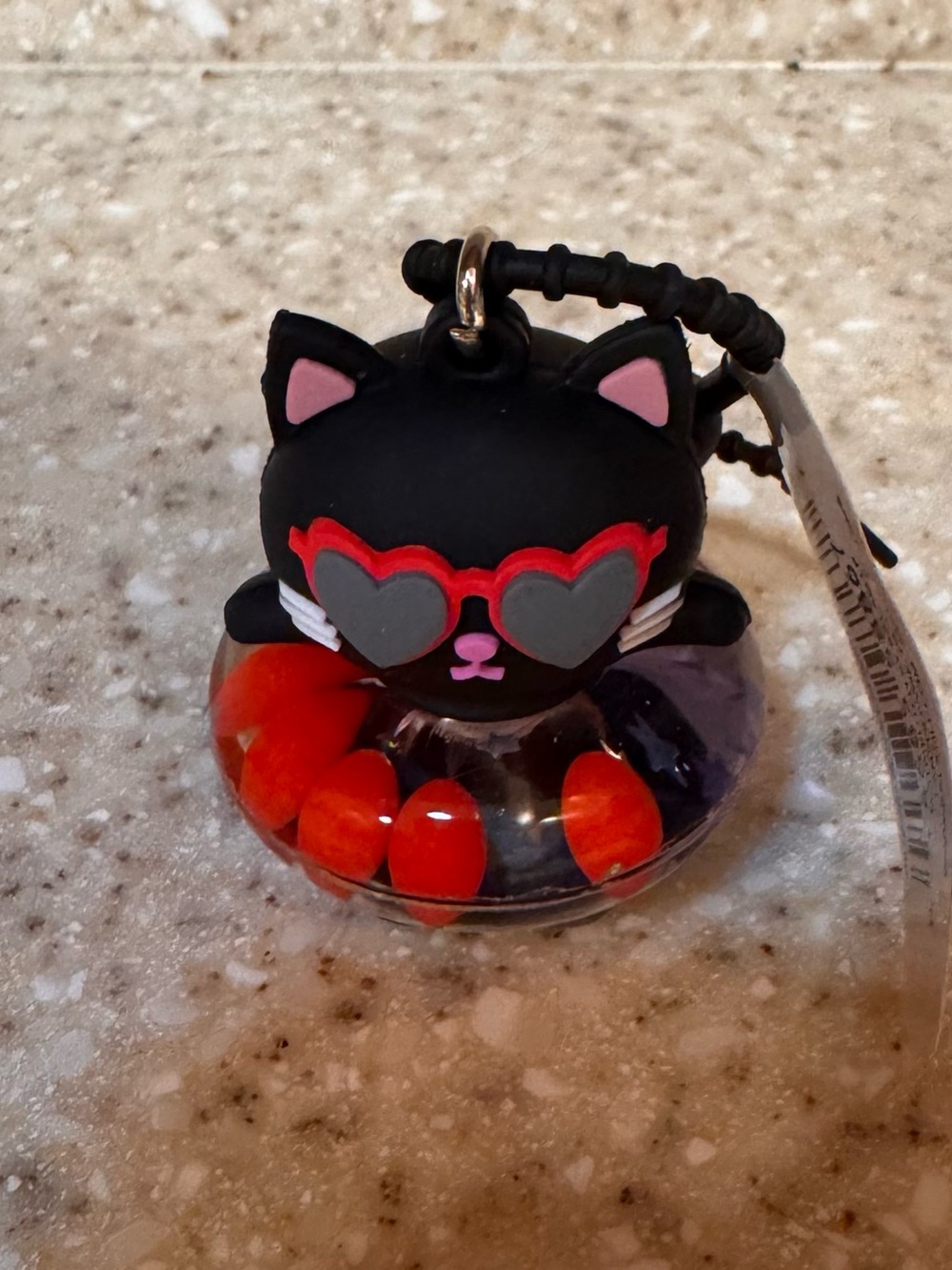 Black Cat Keychain Bag Charm with Red Heart Sunglasses in a Swimming Tube